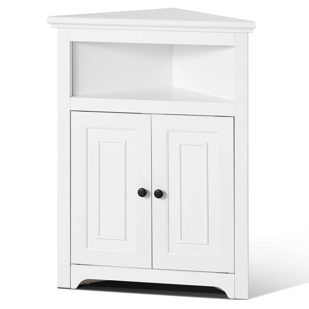 KFFKFF 32" Corner Utility Cabinet, Tri-Level Compact Storage Unit with Dual Wooden Doors & Flexible Shelving, Independent Corner Cabinet for Lounge, Kitchen, Laundry Area, Restroom, in White