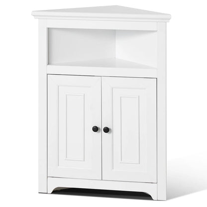 KFFKFF 32" Corner Utility Cabinet, Tri-Level Compact Storage Unit with Dual Wooden Doors & Flexible Shelving, Independent Corner Cabinet for Lounge, Kitchen, Laundry Area, Restroom, in White