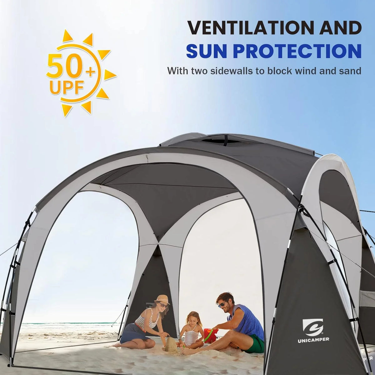 UNP Easy Beach Tent 12 X 12ft Pop Up Canopy UPF50+ Tent with Side Wall, Ground Pegs, and Stability Poles, Sun Shelter Rainproof, Waterproof for Camping Trips, Backyard Fun, Party Or Picnics (Gray)