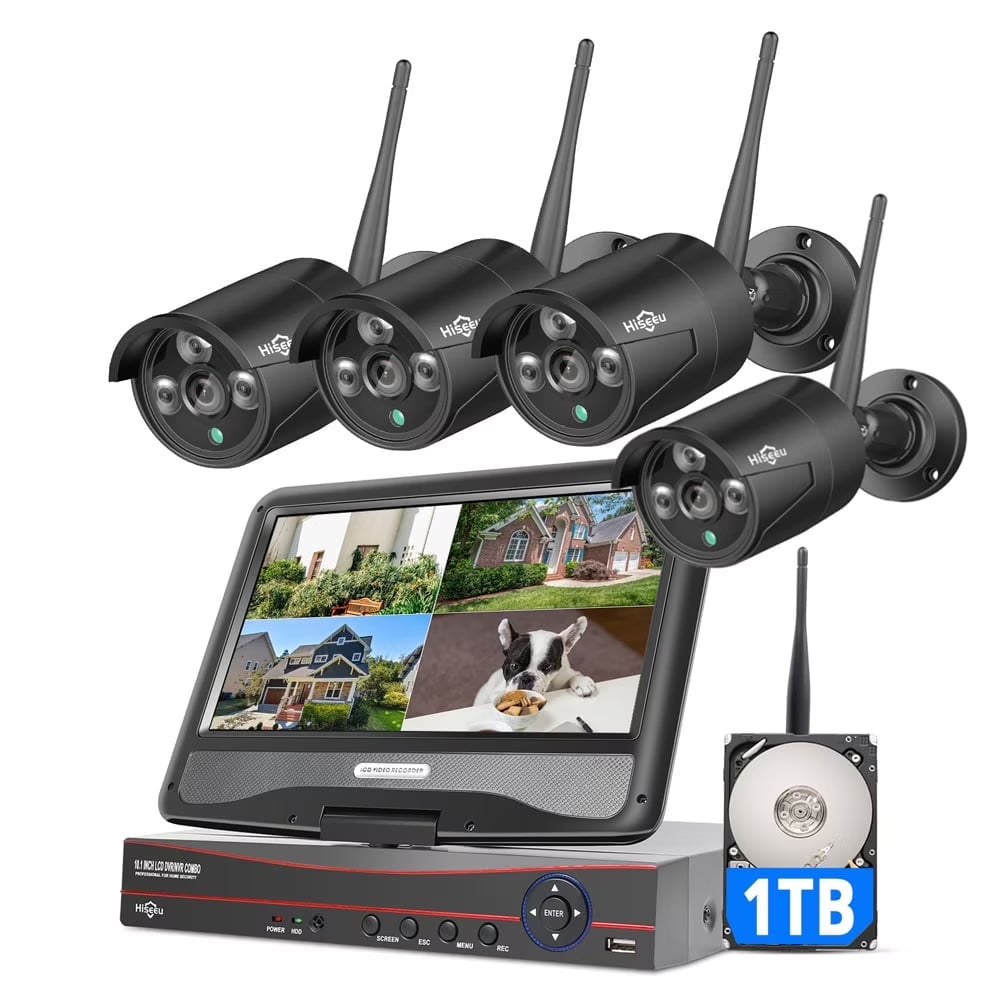 Hiseeu Security Camera System with 10.1'' Monitor 10CH 1TB Hard Drive NVR, Wireless Wifi Cameras for Recording and Remote View, Home Security Camera System