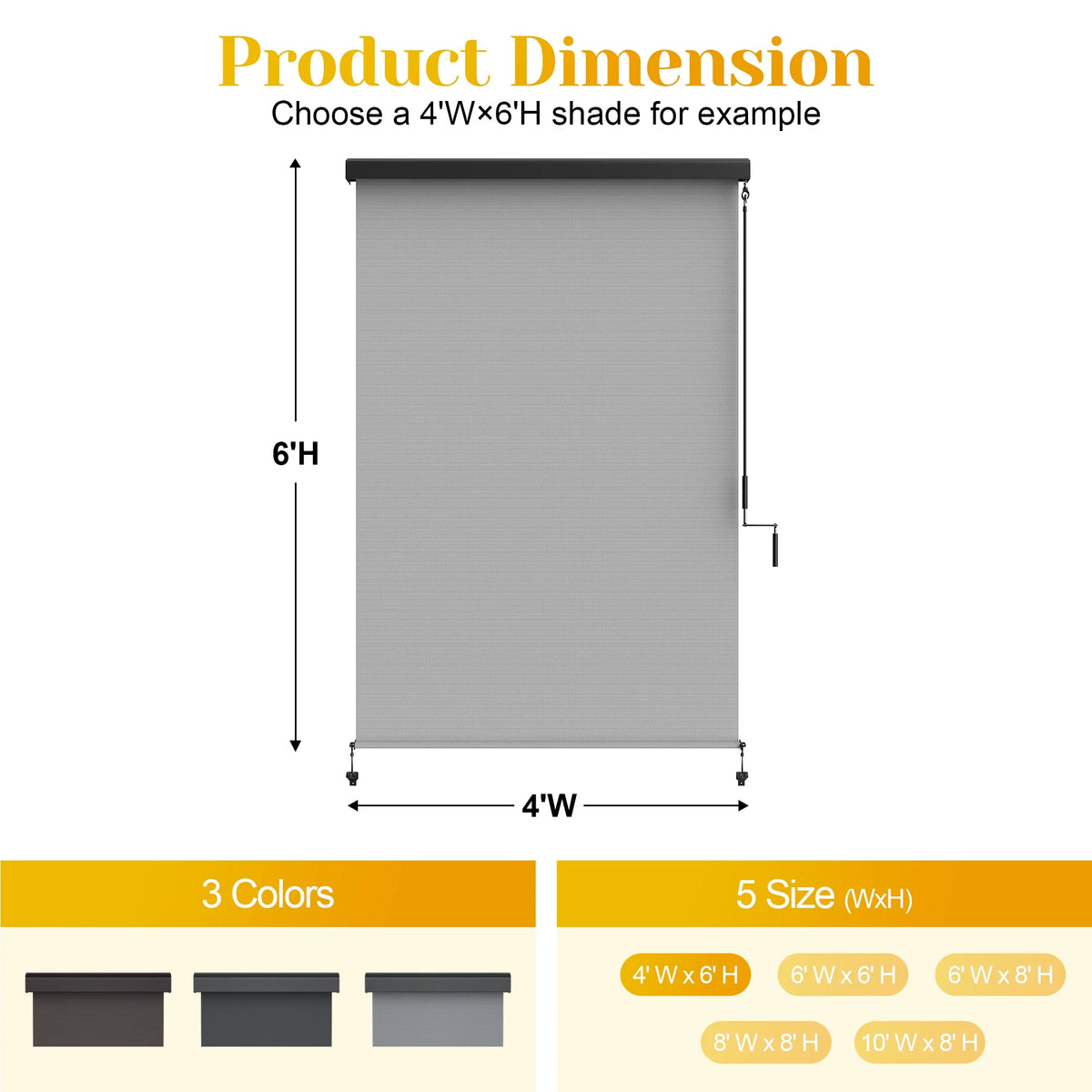 Superjoe Outdoor Roller Shade for Patio, Cordless Blackout Waterproof Blind, UV Block, 4'L x 6'W
