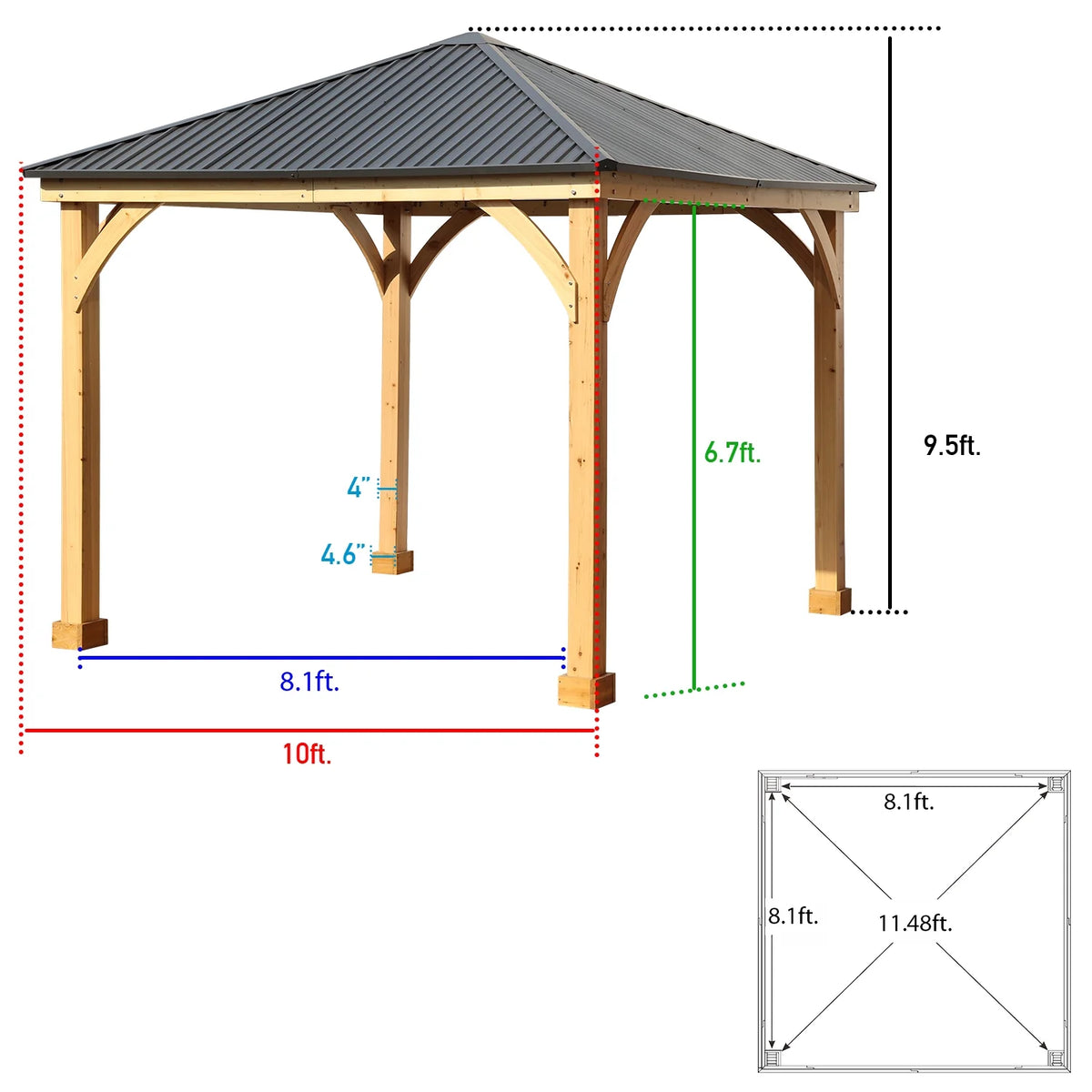 Aoodor 10 x 12 ft Wooden Frame Gazebo with 2-Tier Galvanized Metal Hardtop Roof, Outdoor Patio Gazebo with Charging Socket for Patio, Backyard, Deck, and Lawn