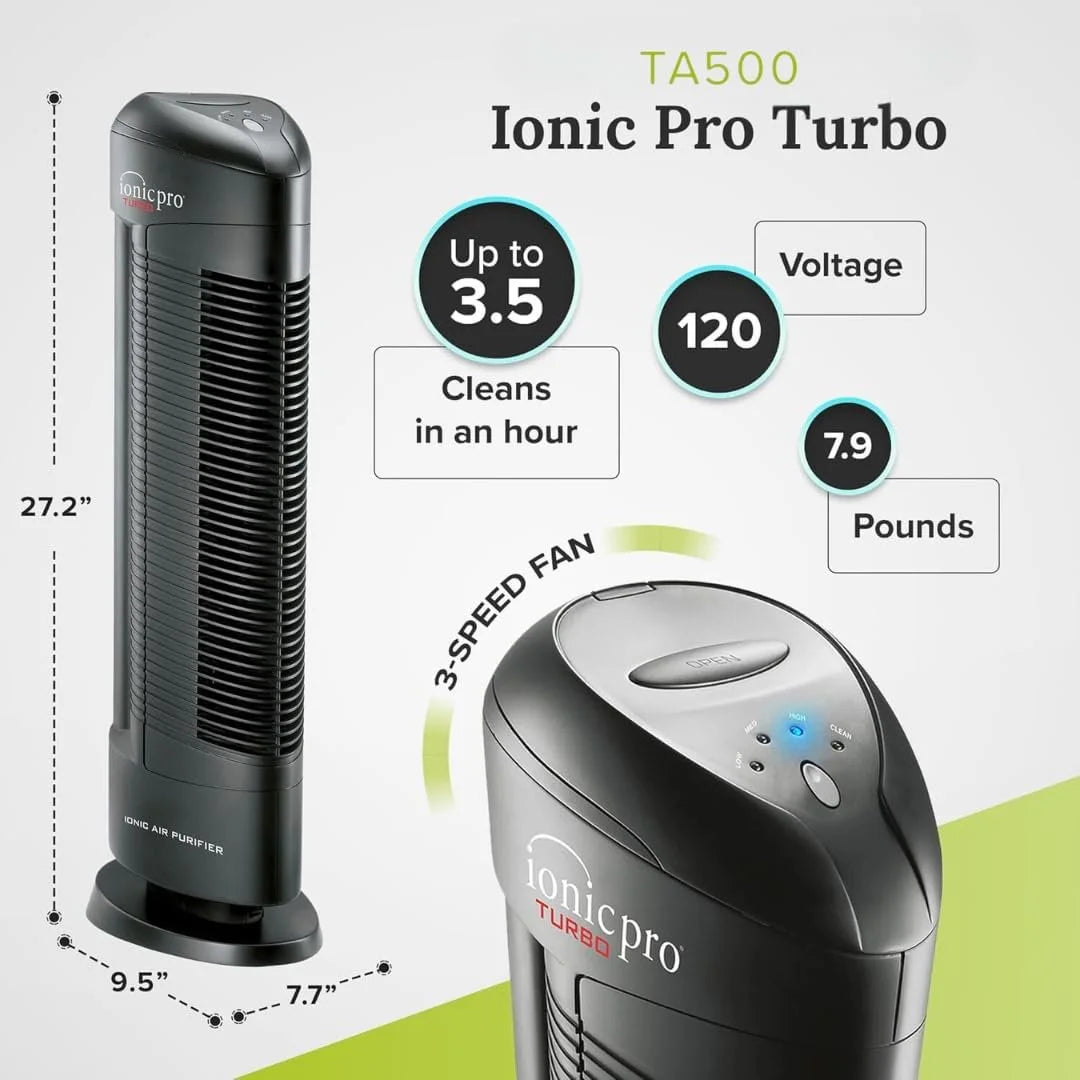 Ionic Pro Turbo (TA550) Ionic Air Purifier Tower for Home, Quiet Ionic Filterless Design, Covers Up to 500 Sq. Ft., Removes Odors, Smoke, Dust, and Allergens