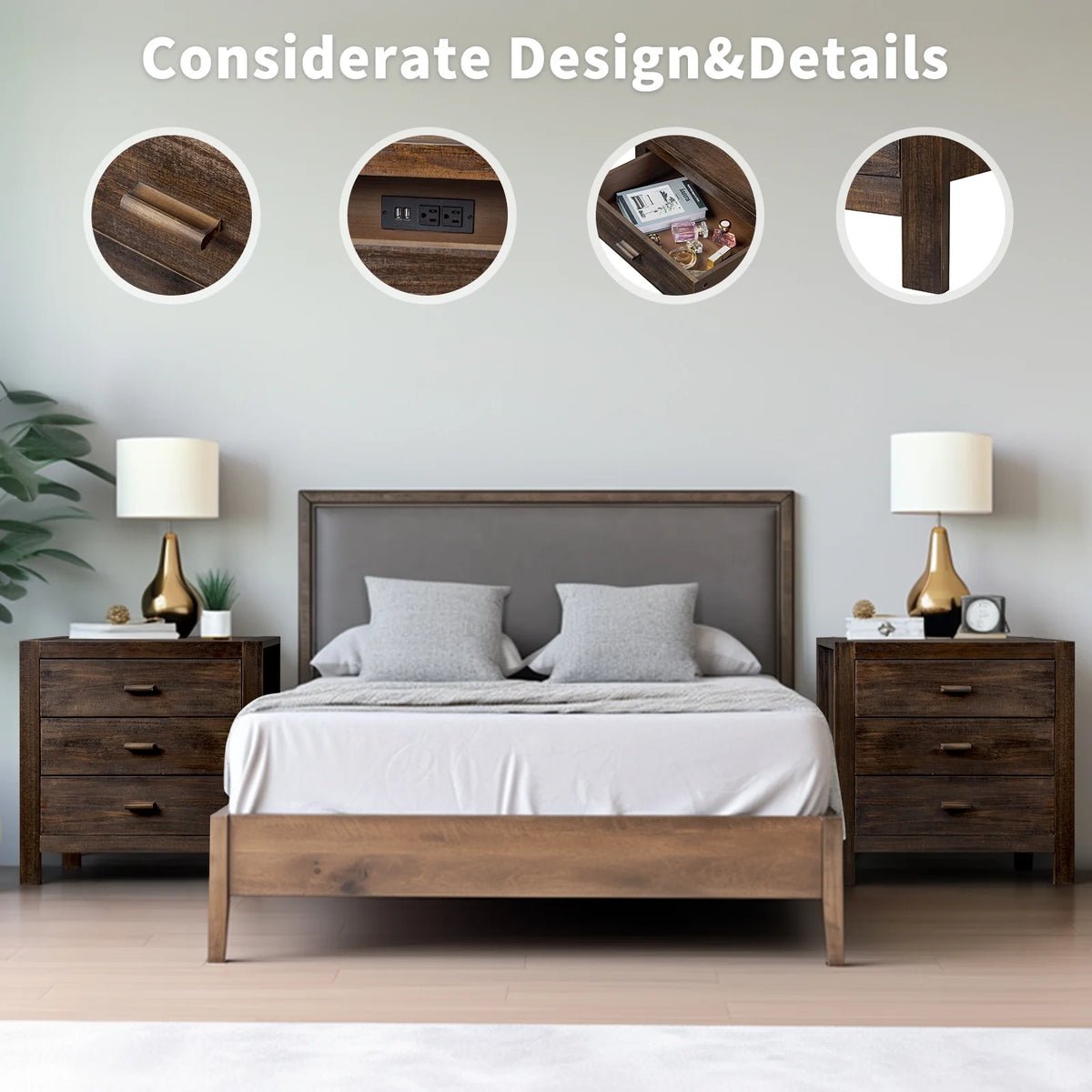 UBesGoo Nightstand 2 Drawer Dresser Side Table, Soild wood & MDF with Solid Wood Veneer, Brown