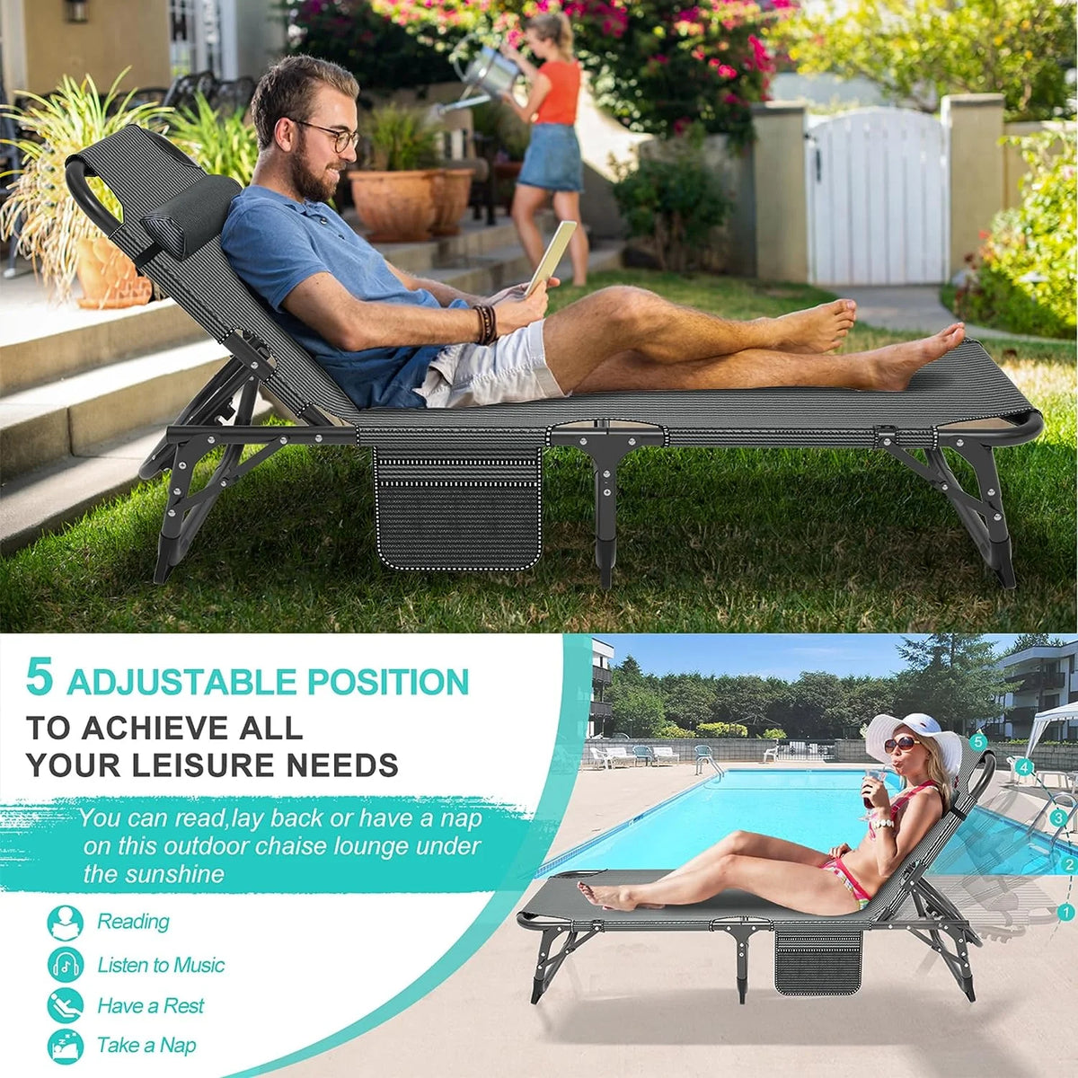 Slsy Folding Lounge Chair, 5-Position Adjustable Outdoor Reclining Chair, Folding Sleeping Bed Cot, Folding Chaise Lounge Chair for Pool Beach Patio Sunbathing