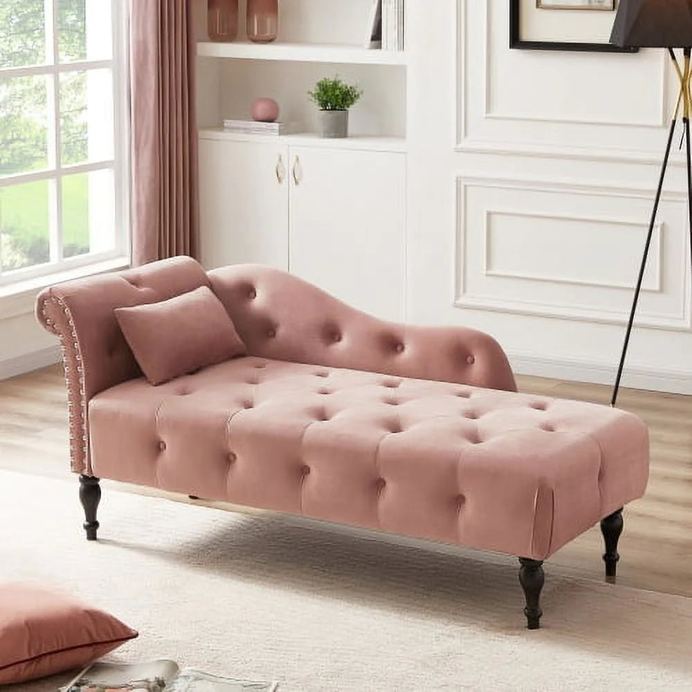 60.6" Velvet Chaise Lounge Chair, Sleeper Lounge Sofa with Buttons Tufted and Nailhead Trimmed, Modern Tufted Long Lounger with 1 Pillow and Solid Wood Legs, for Living Room or Office, Rose
