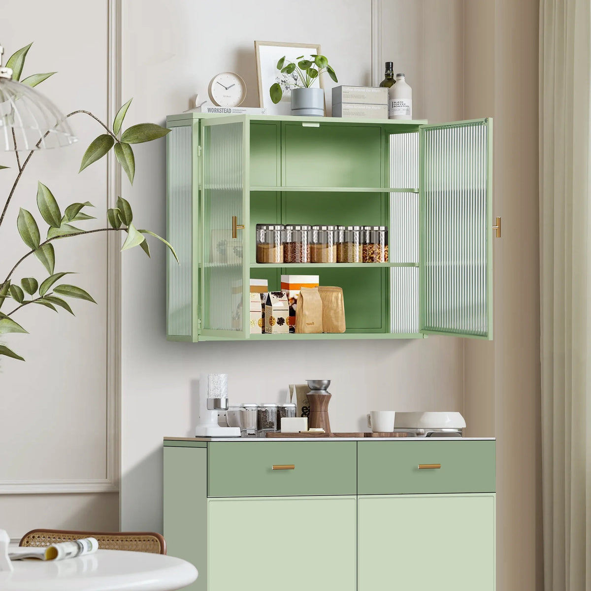 27.56"Modern Wall Cabinet with Glass Doors, Bathroom Cabinet with Featuring Three-tier Storage for Entryway Living Room, Bathroom or Dining Room, Mint Green