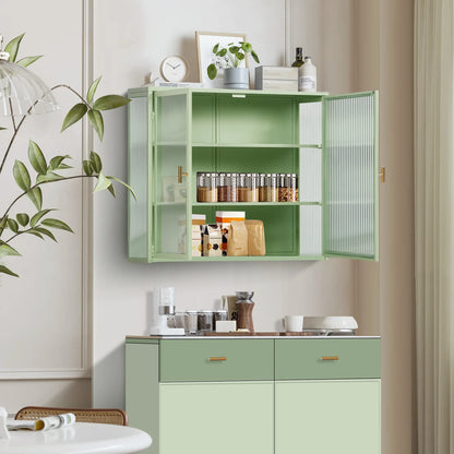 27.56"Modern Wall Cabinet with Glass Doors, Bathroom Cabinet with Featuring Three-tier Storage for Entryway Living Room, Bathroom or Dining Room, Mint Green