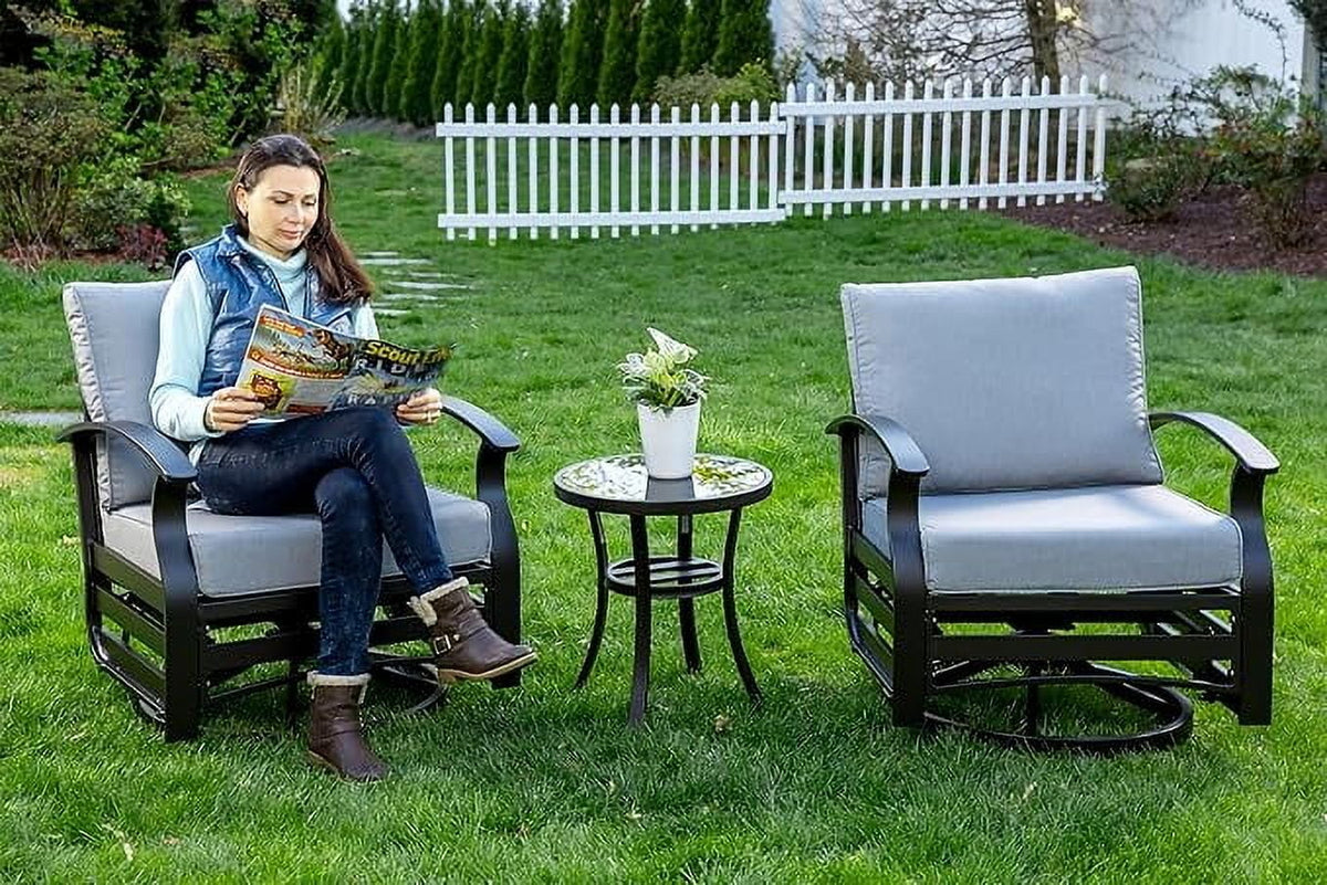 ALAULM 3 Piece Patio Outdoor Aluminum Metal Swivel Rocking Chair with 1 Coffee Table and 2 Khaki Padded Cushions Outdoor Metal Swivel Rocking Chair Furniture Conversation Set for Porch Garden