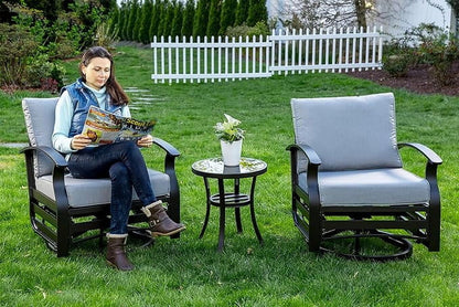 ALAULM 3 Piece Patio Outdoor Aluminum Metal Swivel Rocking Chair with 1 Coffee Table and 2 Khaki Padded Cushions Outdoor Metal Swivel Rocking Chair Furniture Conversation Set for Porch Garden