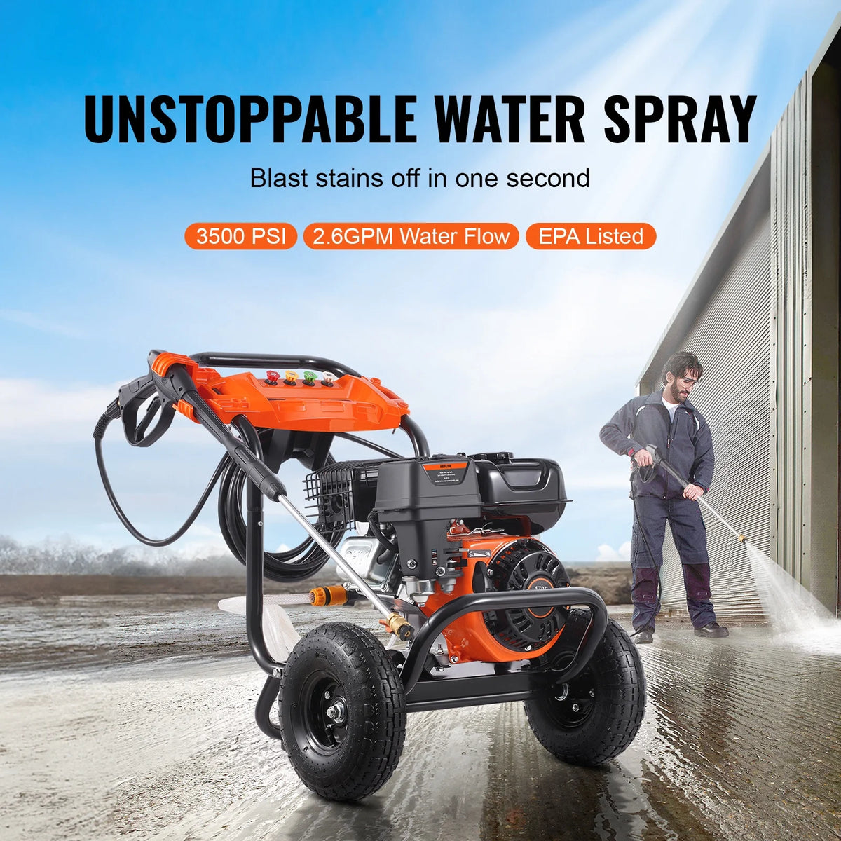 KFFKFF 3600 PSI 2.6 GPM Gas Pressure Washer w/26 ft High Pressure Hose 5 Nozzles Gas Powered Washer