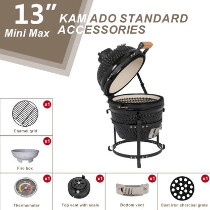 13in Ceramic Charcoal Kamado Grill with Heavy Duty Heat-Resistant Walls, 50-800��F Temp Control, for Backyard Grilling, Smoking, Baking, Orange