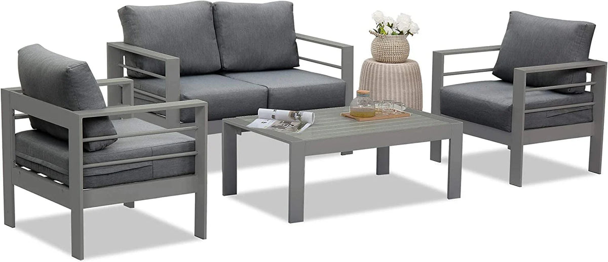 Superjoe Patio Furniture Aluminum Sofa All-Weather Outdoor 3 Seats Couch Gray Metal Chair with Dark Grey Cushions