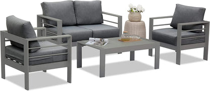 Superjoe Patio Furniture Aluminum Sofa All-Weather Outdoor 3 Seats Couch Gray Metal Chair with Dark Grey Cushions
