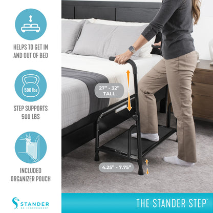 Stander Step Stool, Bed Step with Adjustable Hand Rails for Seniors and Elderly Adults, Extra Wide Heavy Duty Step Ladder, Stepping Stool with Grab Bars and Motion Activated Light, White
