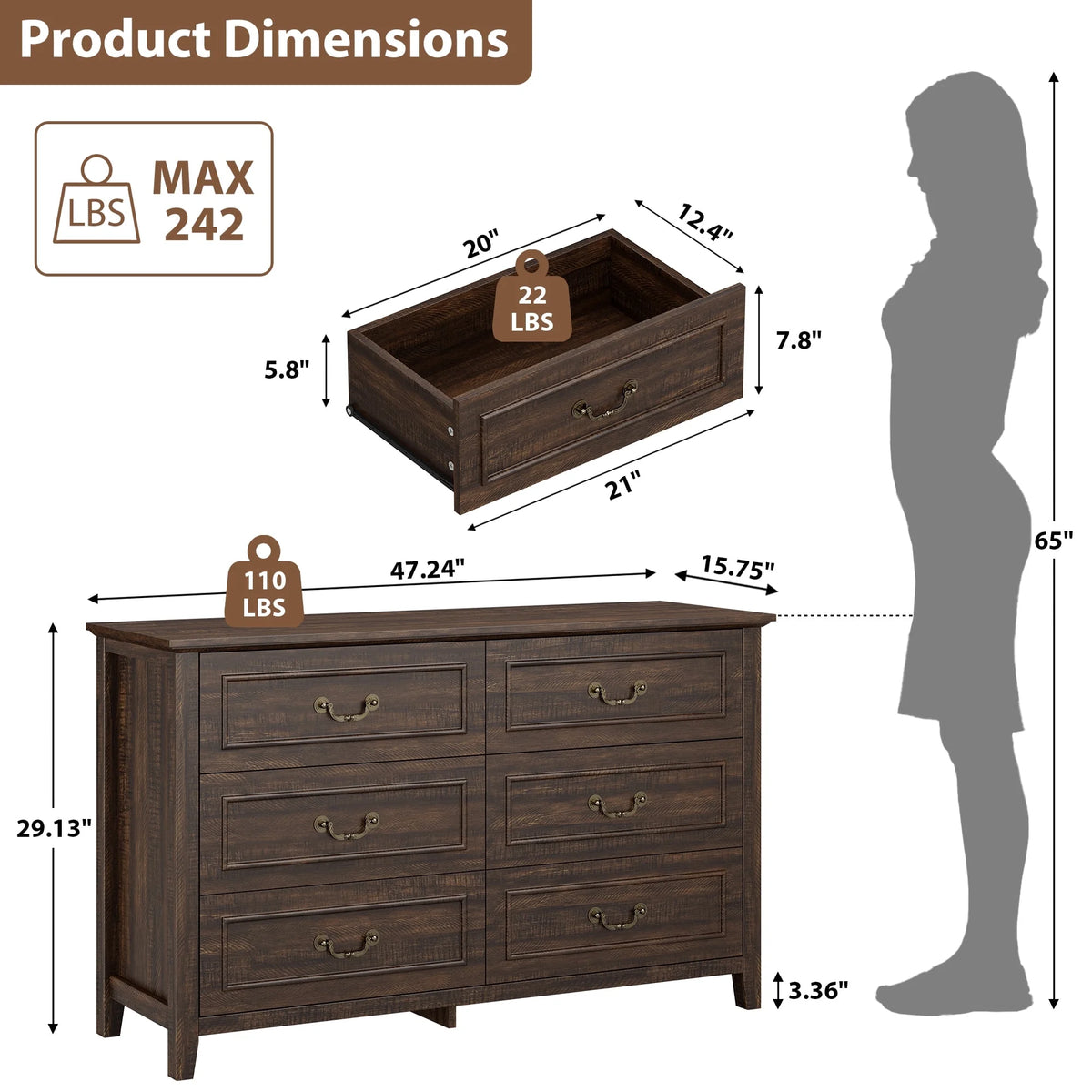 GIKPAL White Dresser for Bedroom, 6 Drawers Wood Dresser with Antique Handles, Farmhouse Rustic Chest of Drawers for Bedroom, Living Room, Entryway & Hallway