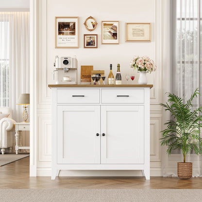 Homfa Entryway Cabinet, Kitchen Storage Cabinet, Farmhouse Buffet Sideboard with 2 Drawers and 2 Doors,Coffee Bar with Storage for Dining Room Living Room,White