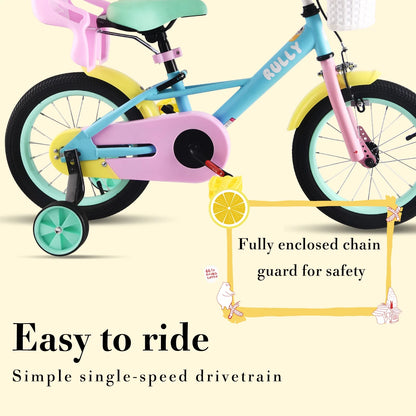 RULLY 14" Kids Bike for 3 4 5 Years Girls 35-47 inch Tall, Girls Toddler Bicycle with Training Wheels, Doll Bike Seat & Coaster Brake, Rainbow Bike, Macarons