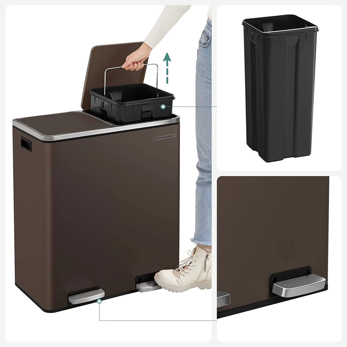 16 Gallon Dual Trash Can, Rubbish Bin and 15 Trash Bags, Metal, Almond Color