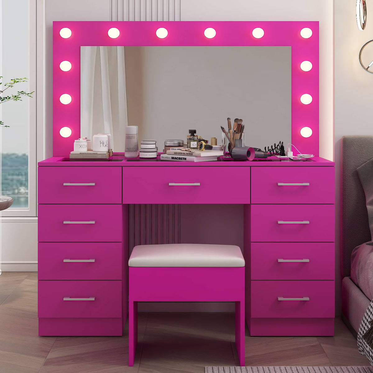 Ktaxon Large Makeup Vanity, Vanity Table Set w/ Visible Glass Top w/ Charging Station, White