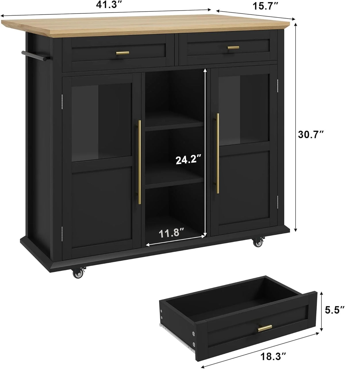 WALYWIK Foldable Kitchen Island Cart with Wheels, 2 Glass Doors, Spice Rack & Towel Holder �C Compact Mobile Storage Cart for Small Kitchens, Dining Rooms, Camping & RVs - Grey