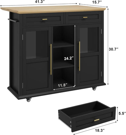 WALYWIK Foldable Kitchen Island Cart with Wheels, 2 Glass Doors, Spice Rack & Towel Holder �C Compact Mobile Storage Cart for Small Kitchens, Dining Rooms, Camping & RVs - Grey