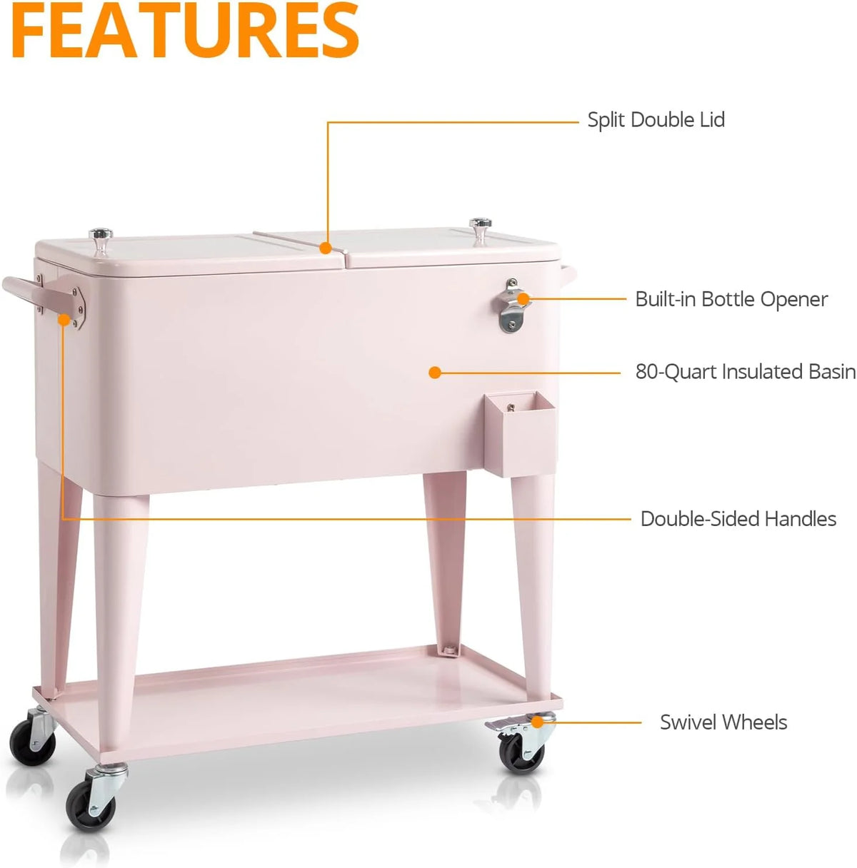 80 Quart Rolling Ice Chest, Portable Bar Drink Cooler with Catch Basin, Bottom Storage Tray and Bottle Opener for Patio Party BBQ Beach Activities