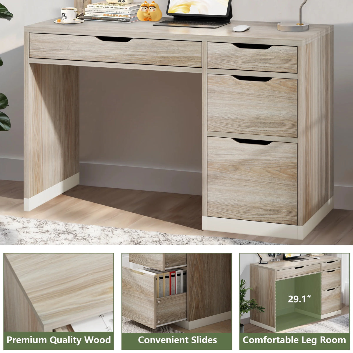 DreamCurship White Desk with Drawers, Modern Computer Desk with File Drawers, Home Office Study Writing Desk with Storage, White