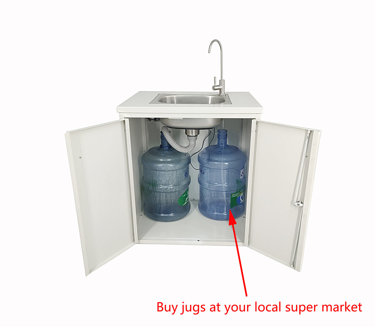 Cabinet Portable Sink Self Contained Hand Wash Station Mobile Sink Water Fountain Water Supply 110V/12V Powered Built-in Pump Water Jugs NOT included 24 X 18 X 30" CABINET SIZE 10094