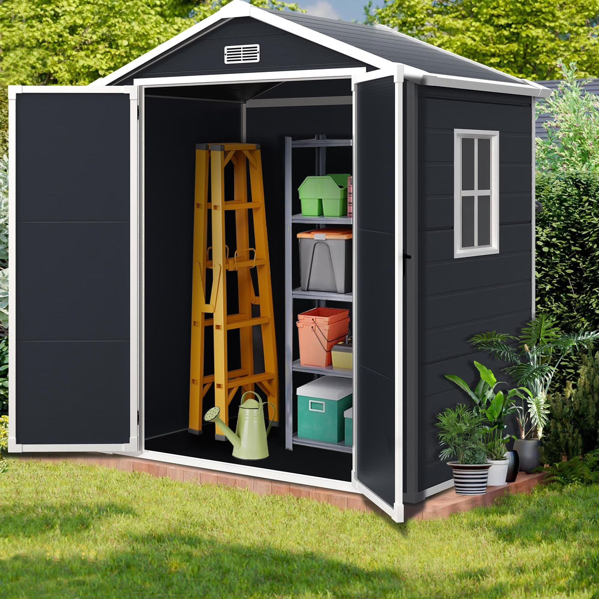Outdoor Shed & Storage, Seizeen All-Weather Plastic Sheds 82'' H, Sloped Top Garden Shed with Window, Heavy-Duty Resin Outdoor Storage W/Floor, Gray