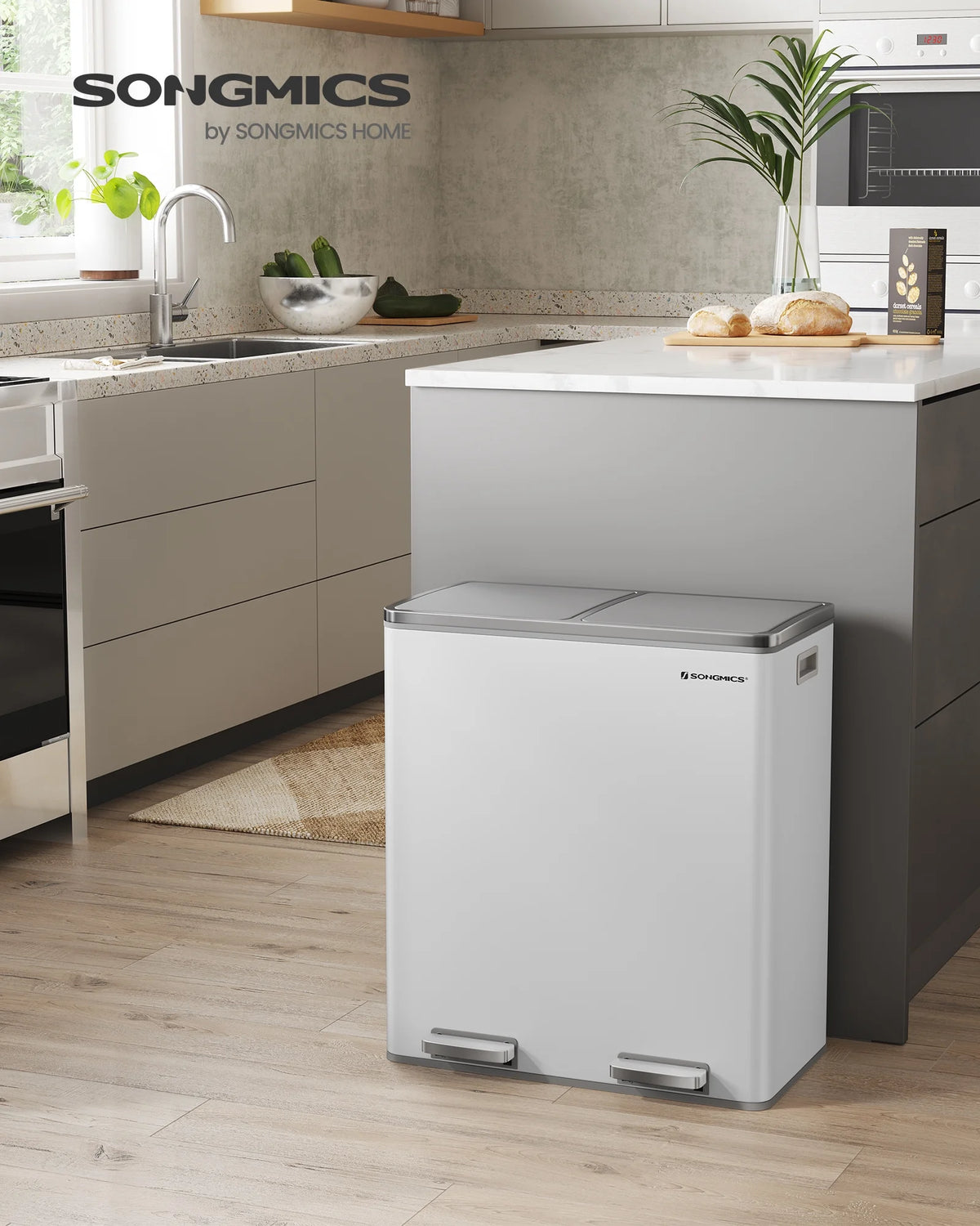 16 Gallon Dual Trash Can, Rubbish Bin and 15 Trash Bags, Metal, Almond Color