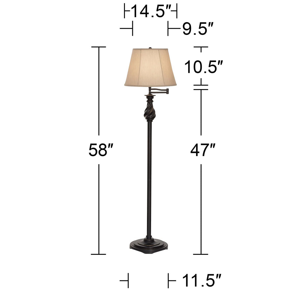 Regency Hill Traditional Swing Arm Floor Lamp 58" Tall Painted Black Bronze Swirl Font Faux Silk Beige Shade for Living Room Reading Office