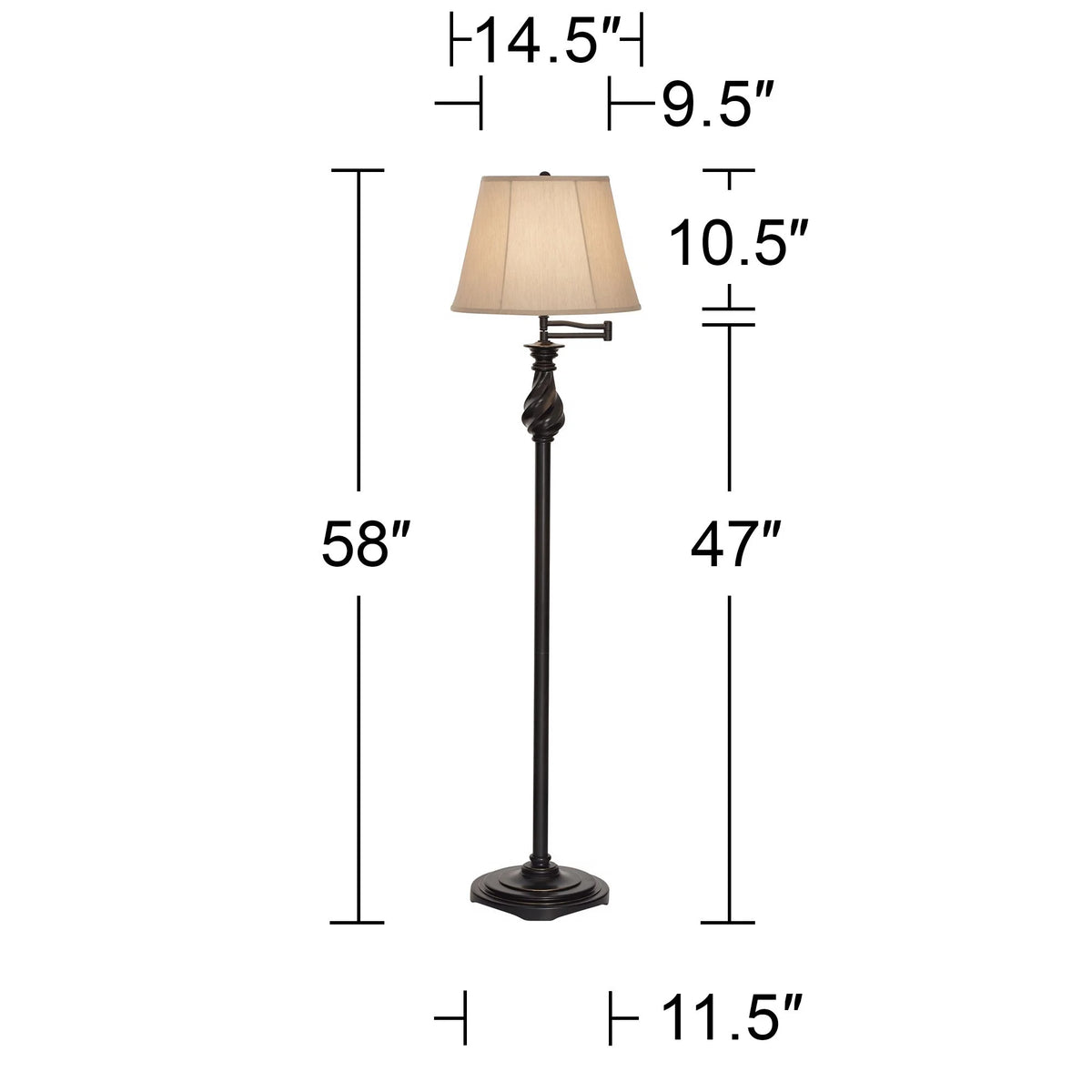 Regency Hill Traditional Swing Arm Floor Lamp 58" Tall Painted Black Bronze Swirl Font Faux Silk Beige Shade for Living Room Reading Office