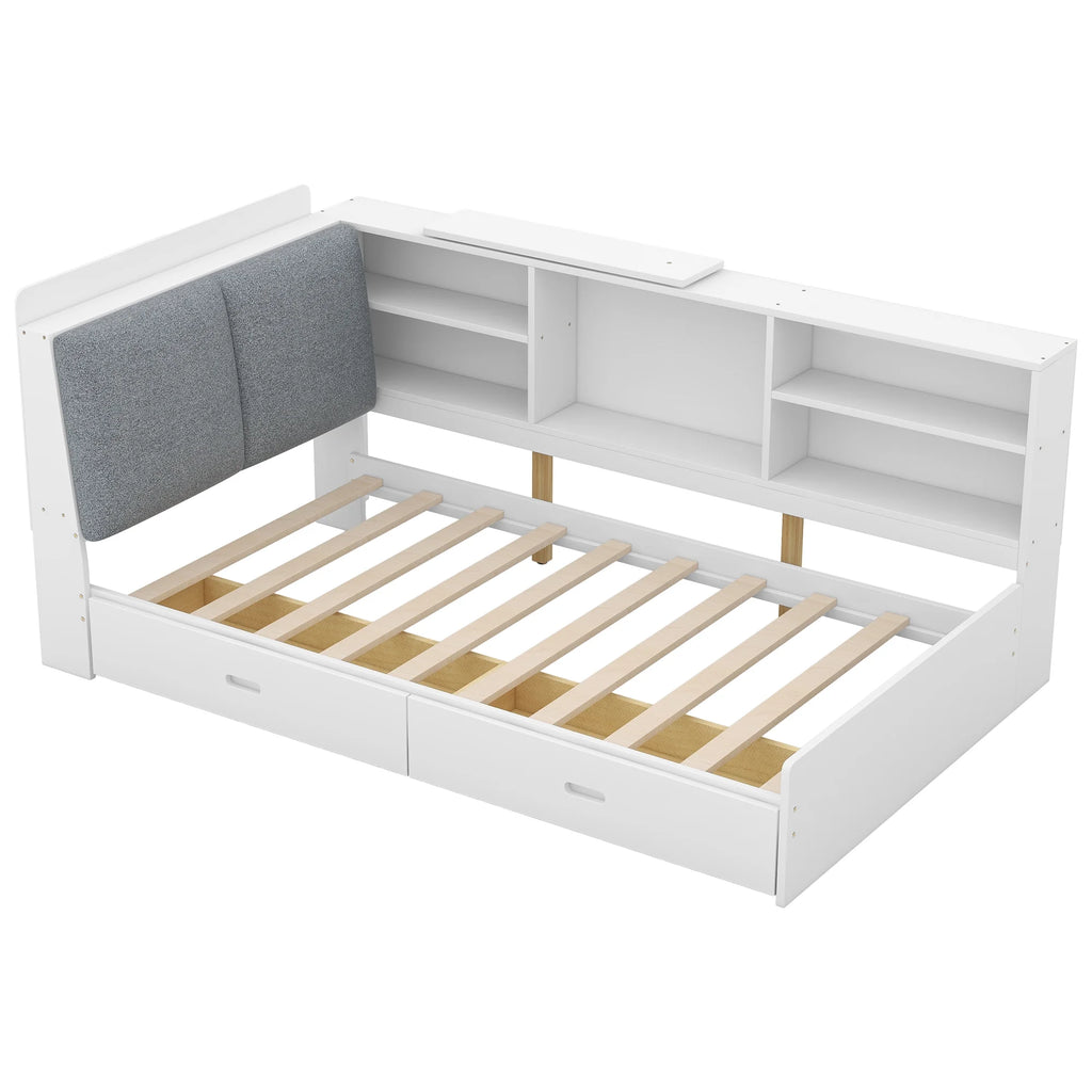 Euroco Wood Twin Size Platform Bed with Storage Headboard and Shelves, 2 Drawers Floor Bed for Kids, White