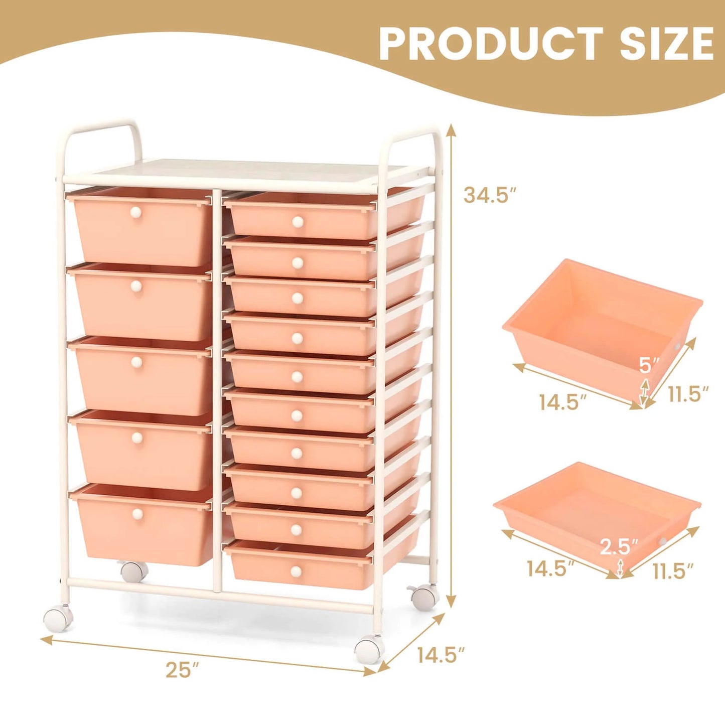 Costway 15 Drawer Rolling Storage Cart Tools Scrapbook Paper Office School Organizer White