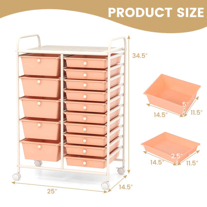 Costway 15 Drawer Rolling Storage Cart Tools Scrapbook Paper Office School Organizer White
