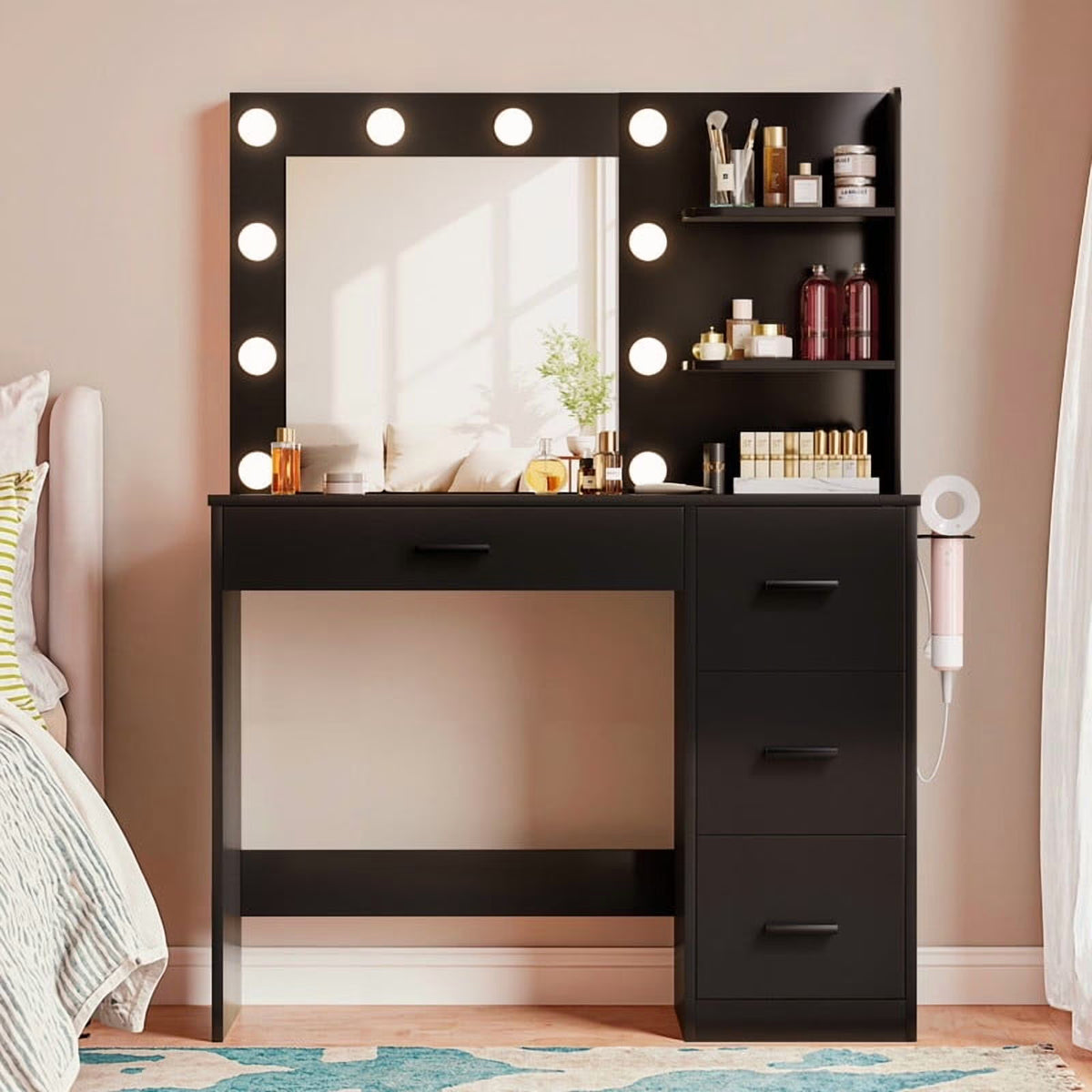 Lacoo Vanity Desk with Mirror and LED Lights, Makeup Vanity with 7 Drawers & 4 Shelves, Vanity Table with Power Outlet for Bedroom Dressing Room, White