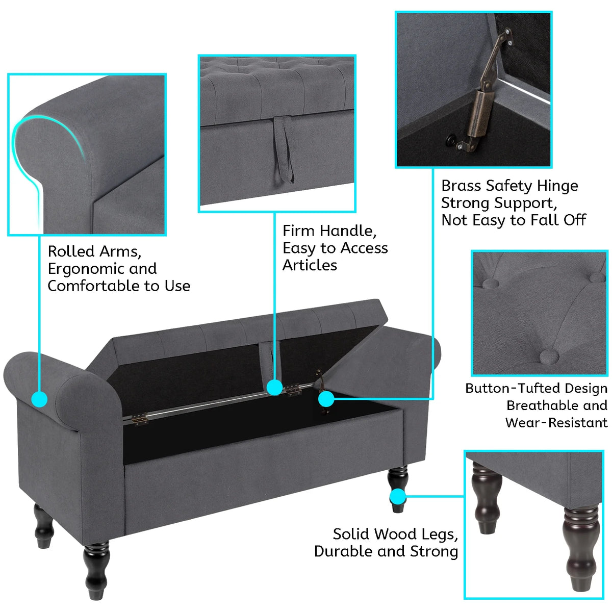 Storage Bench with Upholstered Rolled Arm Ottoman Bench Couch w/ Solid Wood Legs for Bedroom End of Bed,and Living room,Gray