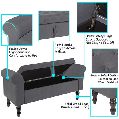 Storage Bench with Upholstered Rolled Arm Ottoman Bench Couch w/ Solid Wood Legs for Bedroom End of Bed,and Living room,Gray