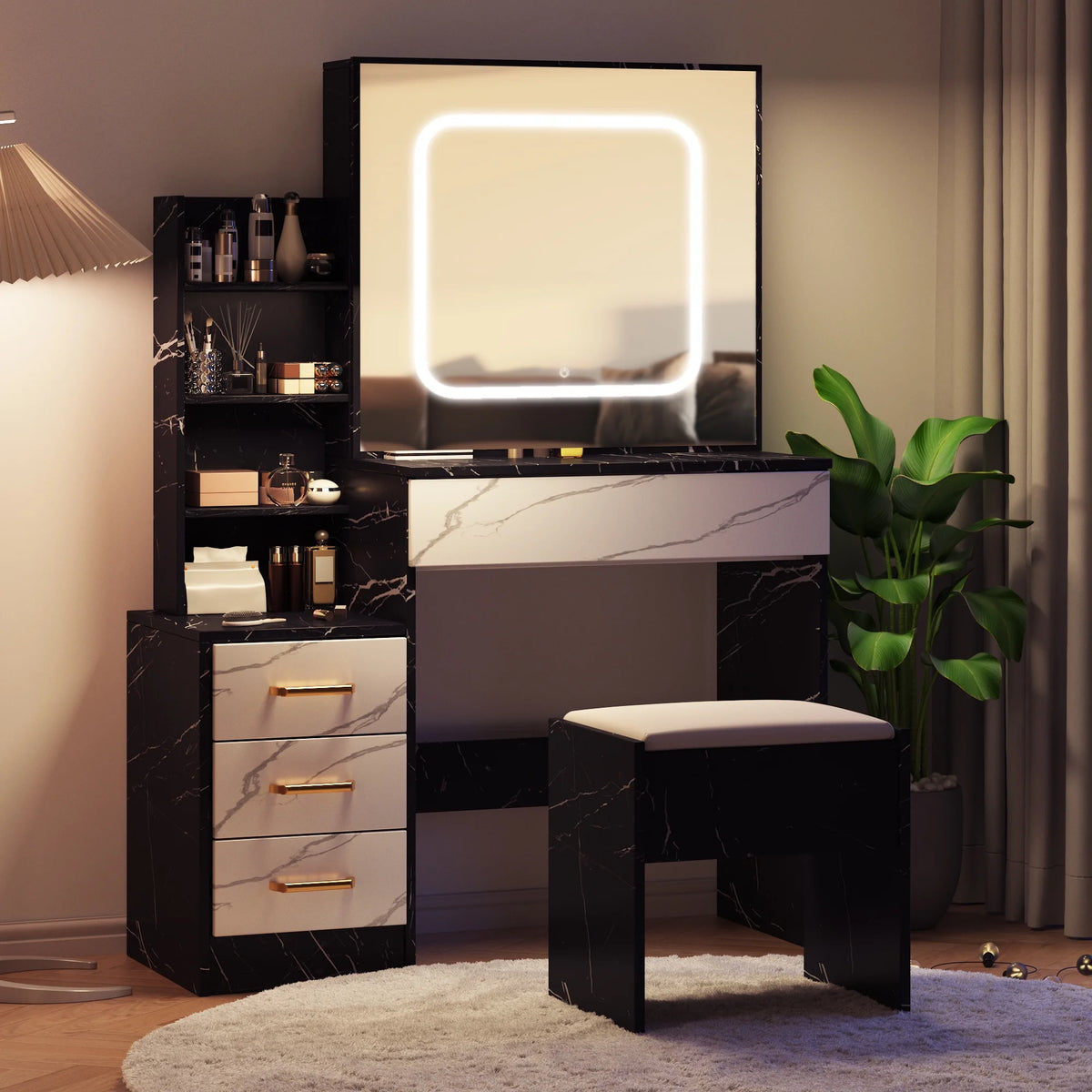 Vanity Desk with Sliding Mirror and Lights, Makeup Vanity Set with 4 Drawers, Stool, Power Outlet, Open Shelves, 3 Color Adjustable Lighting Modes, Makeup Dressing Table for Bedroom, White