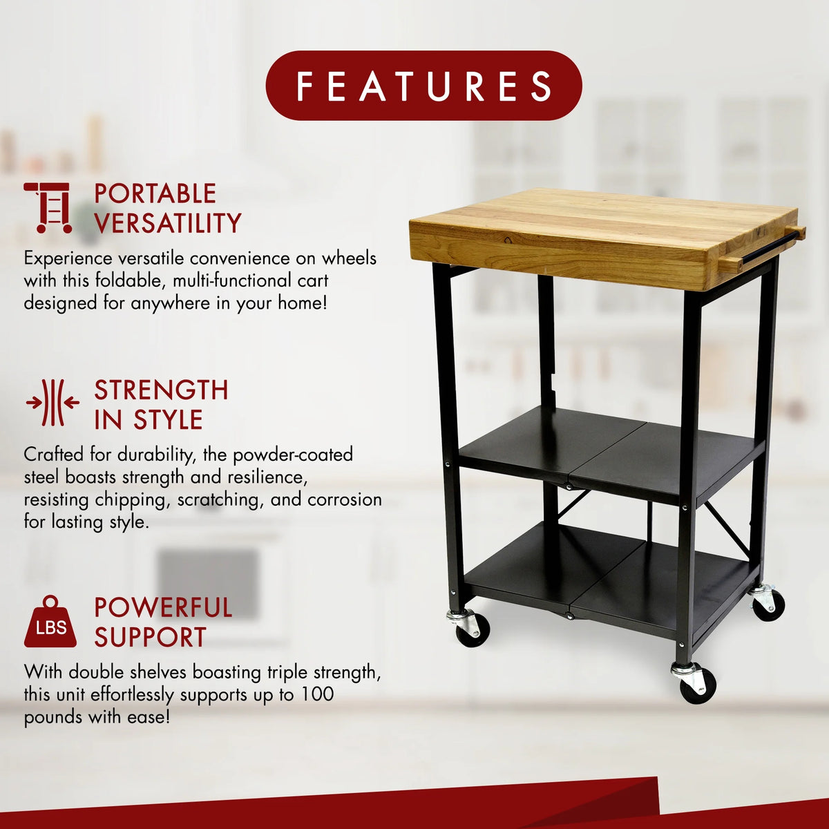 Origami Foldable Wheeled Portable Solid Wood Top Kitchen Island Bar Cart
