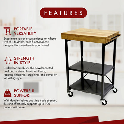 Origami Foldable Wheeled Portable Solid Wood Top Kitchen Island Bar Cart