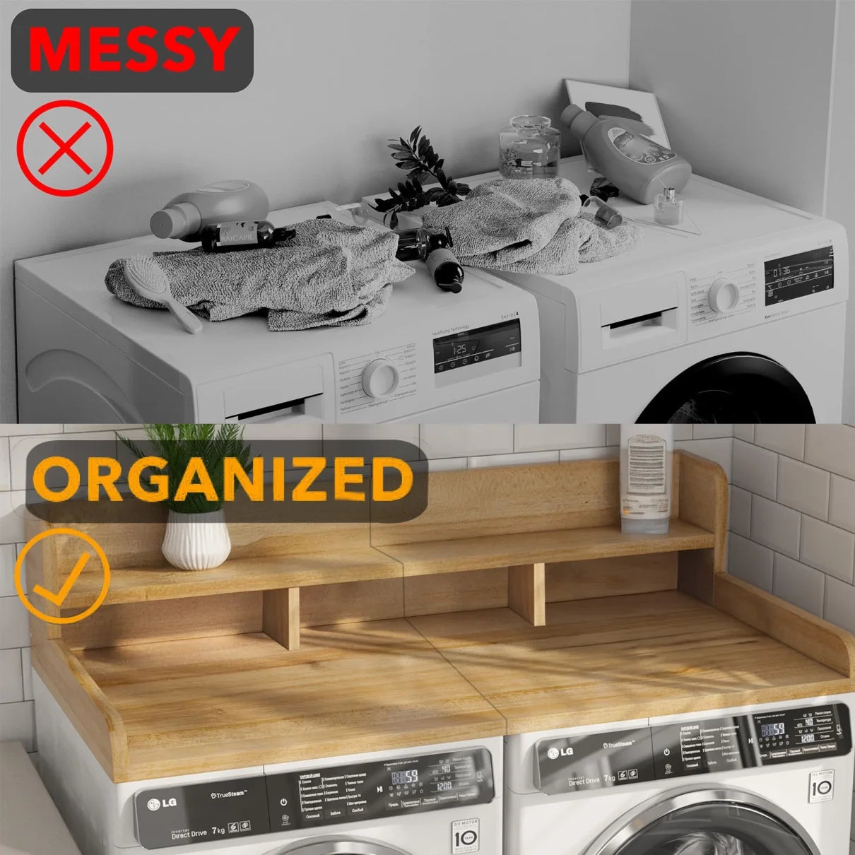 Wood 2-Tier Washer Dryer Countertop with Edge Rails, 54" W x 27.5" D Washer and Dryer Topper for Laundry Room Organization and Storage, Walnut