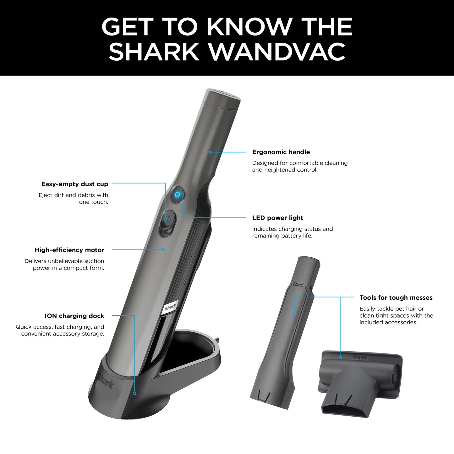 Shark Cordless Handheld Vacuum , Wandvac, for Pet Hair, Carpet & Car, Powerful suction, high speed brushless motor, ultralight weight, with easy emptying and charging dock, WV200, Graphite