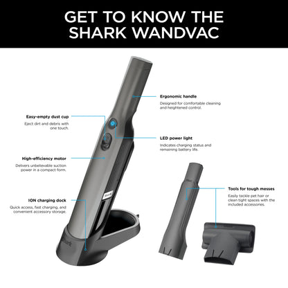 Shark Cordless Handheld Vacuum , Wandvac, for Pet Hair, Carpet & Car, Powerful suction, high speed brushless motor, ultralight weight, with easy emptying and charging dock, WV200, Graphite