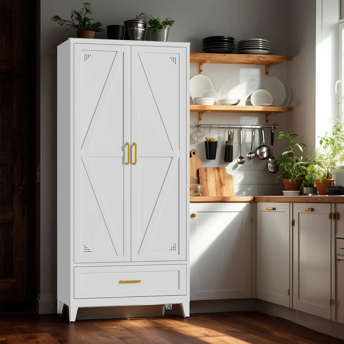 71" H Modern Freestanding Storage Cabinet With Gold Handles One Drawer And Adjustable Ceiling Height Multi-Functional Suitable For Kitchen Office Living Room And Bedroom Pantry Blue