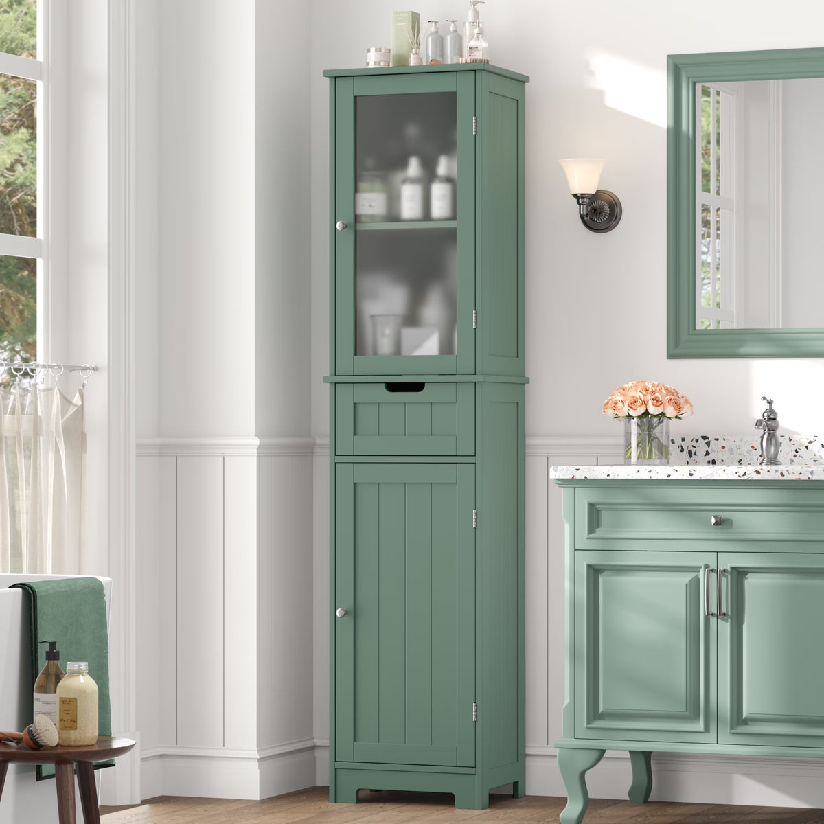Homfa Bathroom Storage Tower, Narrow Linen Cabinet with Door and Drawers, Tall Bathroom Storage Cabinet for Small Spaces, White