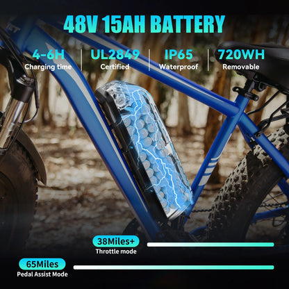 AMYET EB26 Electric Bike for Adults, 26*4.0 Fat Tire E-Mountain Bicycle,Peak 1500W Motor 48V 15Ah 7-Speed Ebike UL2849