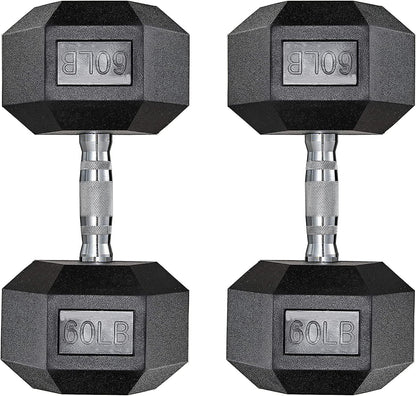 Pirecart Dumbbells Rubber Coated Cast Iron Hex Black Dumbbell Workout Dumbbell Set, 60lbs Pair