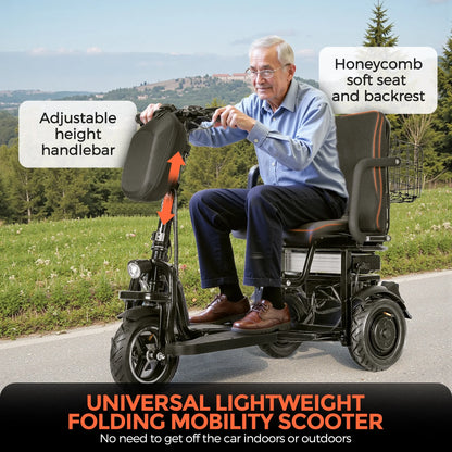 BAMACAR 3-Wheel Folding Mobility Scooter Lightweight for Seniors & Adults 300 lbs, Portable Powered Handicap All Terrain Travel Scooter, Mobility Scooters Foldable Collapsible Electric Scooters Black